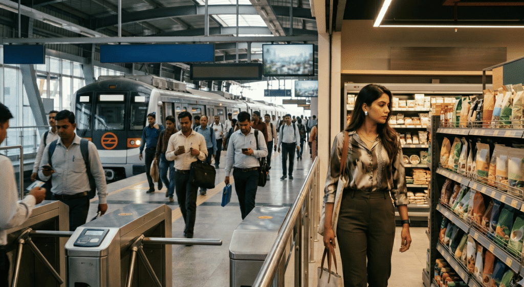 Editorial visual representing urban Indian consumer behaviour and retail environments for Cadorial’s India Consumer Outlook 2027 report.