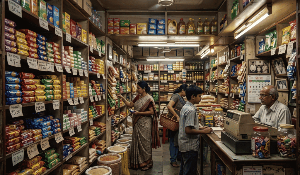 Editorial visual of a Mumbai kirana retail environment representing shopper behaviour and shelf dynamics in India.